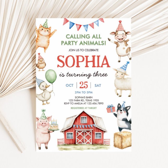 Farm Animals Barnyard Birthday Party Invitation (Farm Animals Red Barnyard Birthday Party Invitation)
