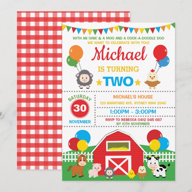 Farm Animals Barnyard Birthday Party Petting Zoo Invitation (Front/Back)