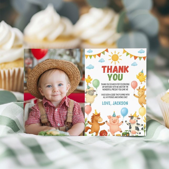 Farm Animals Barnyard Birthday Party Photo Thank You Card (Creator Uploaded)