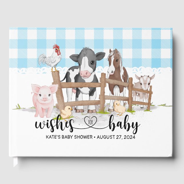 Farm Animals Barnyard Blue Baby Shower Guest Book (Front)