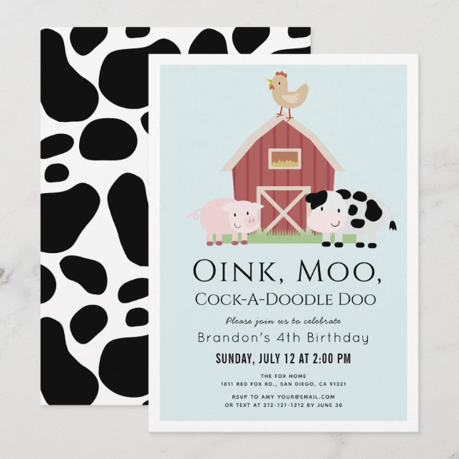 Farm Animals Barnyard Blue Boy Birthday Invitation (Front/Back)