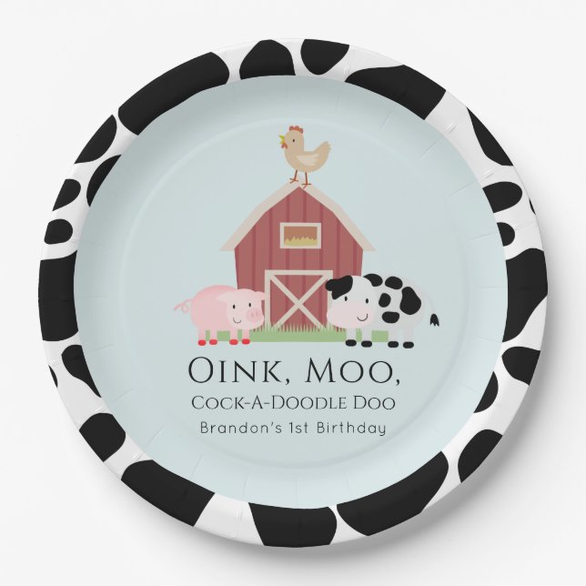 Farm Animals Barnyard Blue Boy Birthday Paper Plate (Front)