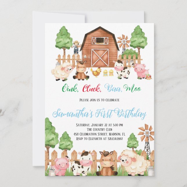 Farm Animals Barnyard Blue Boy Birthday Party Invitation (Front)