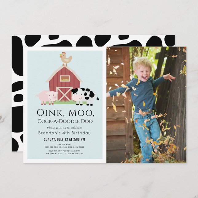 Farm Animals Barnyard Blue Boy Photo Birthday Invitation (Front/Back)