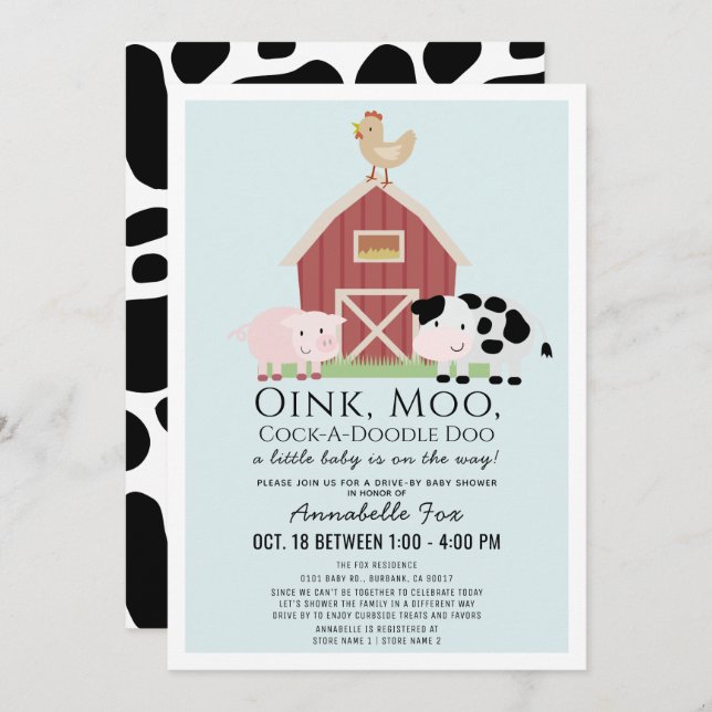 Farm Animals Barnyard Blue Drive-by Baby Shower Invitation (Front/Back)