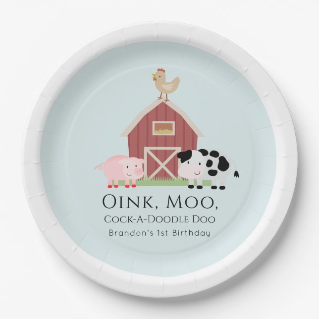 Farm Animals Barnyard Boy Blue Birthday Paper Plate (Front)