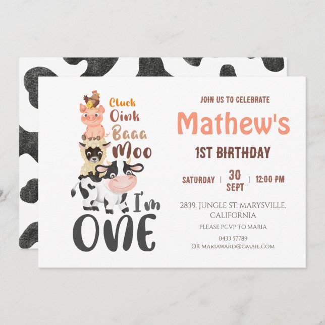 Farm Animals barnyard First 1st Birthday Invitation (Front/Back)