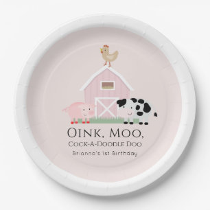 Farm Animals Barnyard Girl Pink Birthday Paper Plate