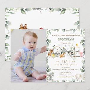 Farm Animals Barnyard Greenery 1st Birthday Photo Invitation