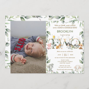 Farm Animals Barnyard Greenery 2nd Birthday Photo Invitation