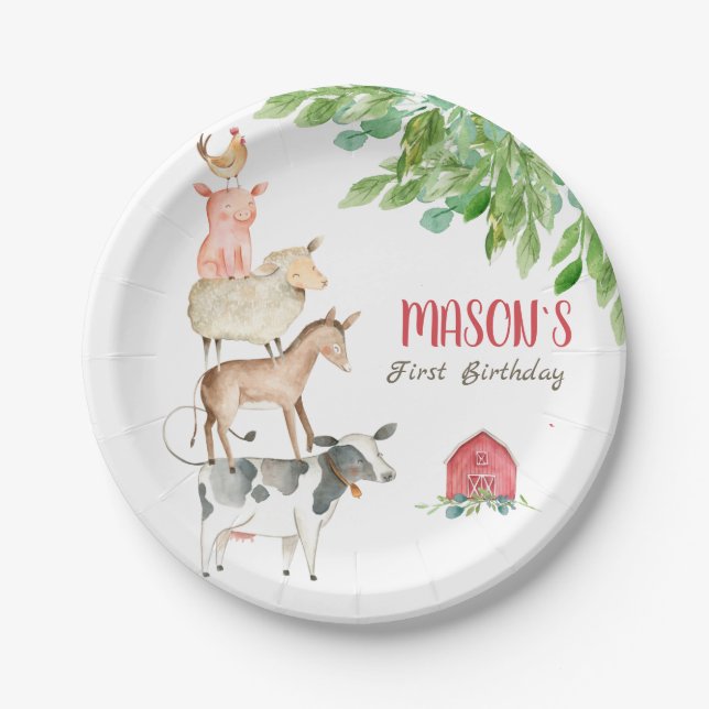 Farm Animals Barnyard Party Greenery Boy Birthday Paper Plate (Front)
