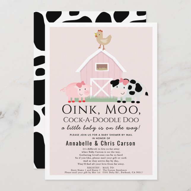 Farm Animals Barnyard Pink Baby Shower by Mail Invitation (Front/Back)