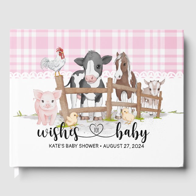 Farm Animals Barnyard Pink Baby Shower Guest Book (Front)