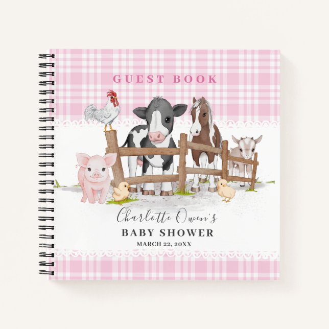 Farm Animals Barnyard Pink Baby Shower Guest Book (Front)