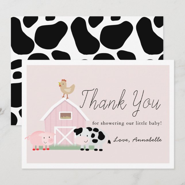 Farm Animals Barnyard Pink Baby Shower Thank You Invitation (Front/Back)