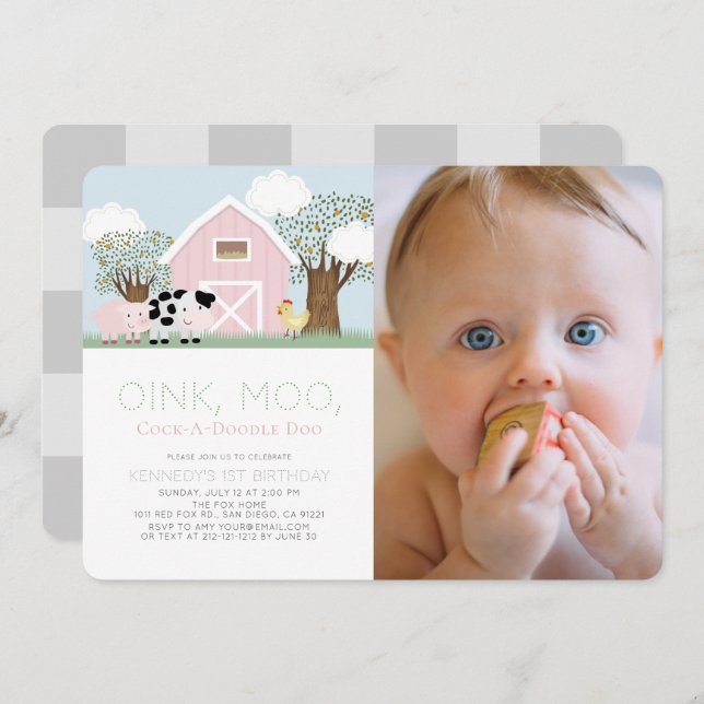 Farm Animals Barnyard Pink Barn 1st Birthday Photo Invitation (Front/Back)