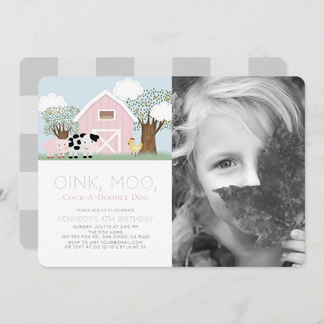 Farm Animals Barnyard Pink Barn Birthday Photo Invitation (Front/Back)