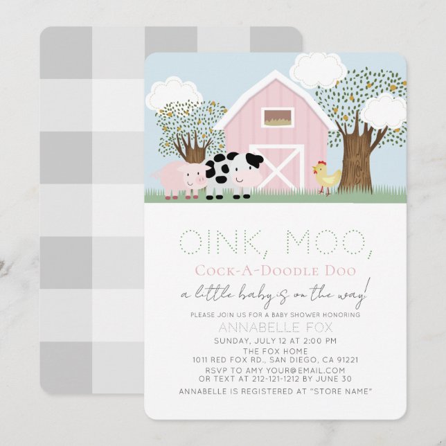 Farm Animals Barnyard Pink Barn Girl Baby Shower Invitation (Front/Back)