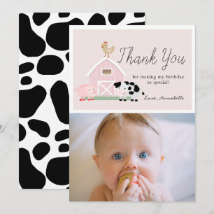 Farm Animals Barnyard Pink Birthday Thank You Card