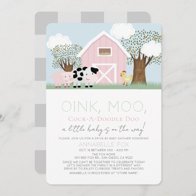 Farm Animals Barnyard Pink Drive-by Baby Shower Invitation (Front/Back)