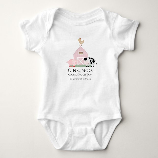 Farm Animals Barnyard Pink Girl 1st Birthday Baby Bodysuit (Front)