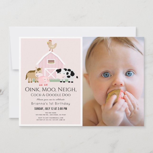 Farm Animals Barnyard Pink Girl 1st Birthday Invitation (Front)