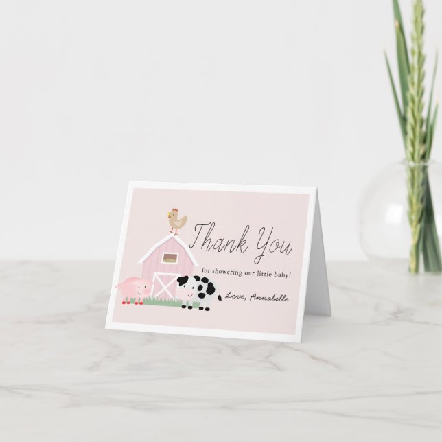 Farm Animals Barnyard Pink Girl Baby Shower Thank You Card (Front)