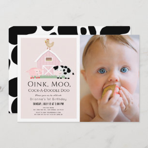 Farm Animals Barnyard Pink Girl Photo 1st Birthday Invitation