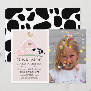 Farm Animals Barnyard Pink Girl Photo Birthday Invitation