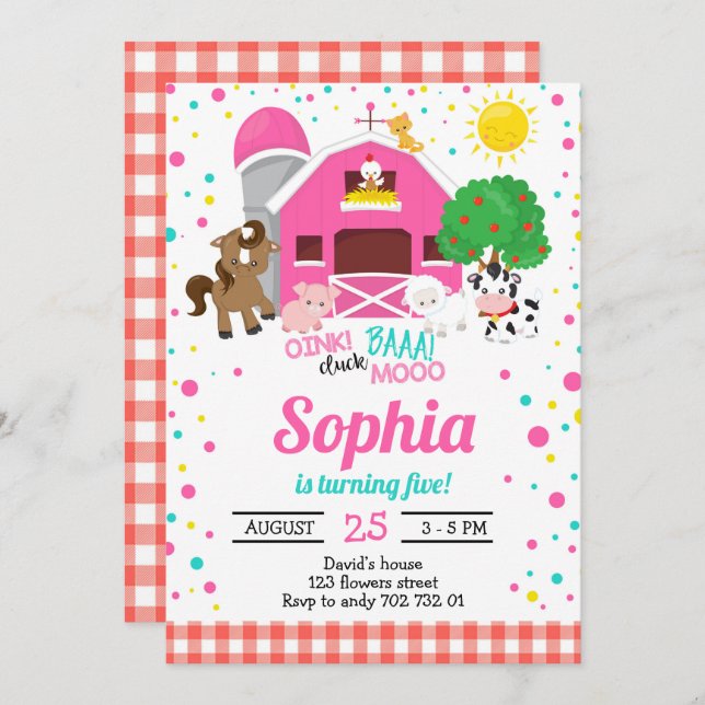 Farm Animals Barnyard Pink Plaid Girl Birthday Invitation (Front/Back)