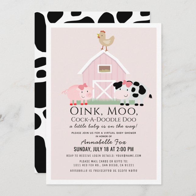 Farm Animals Barnyard Pink Virtual Baby Shower Invitation (Front/Back)
