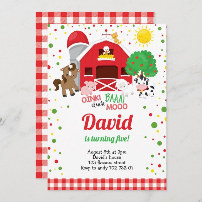 Farm Animals Barnyard Plaid Boy Birthday Invitation (Front/Back)