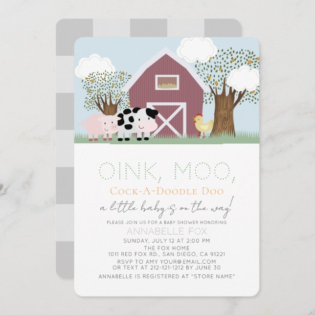 Farm Animals Barnyard Red Barn Baby Shower Invitation (Front/Back)