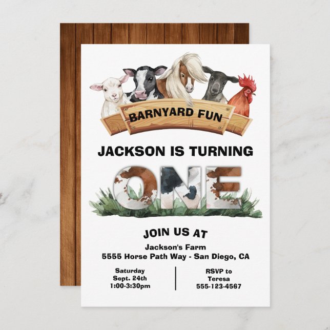 Farm Animals Barnyard Rustic Sign Birthday Party Invitation (Front/Back)