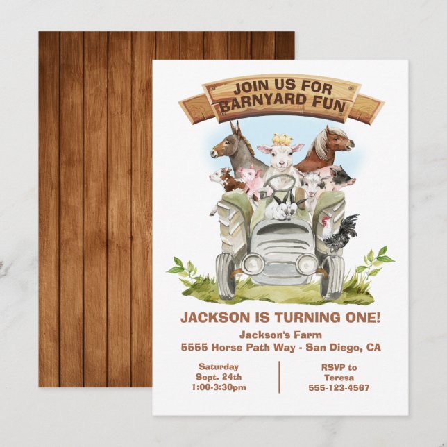Farm Animals Barnyard Tractor Birthday Invitation (Front/Back)