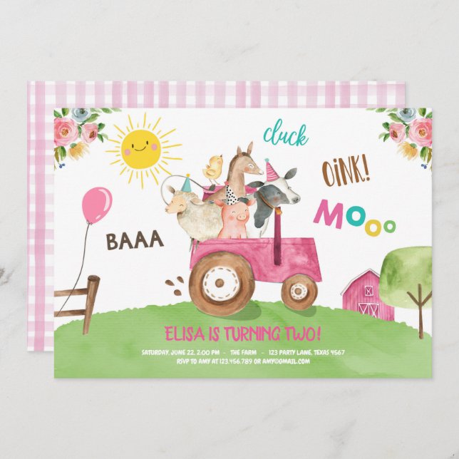 Farm Animals Barnyard Tractor Pink Farmhouse Party Invitation (Front/Back)