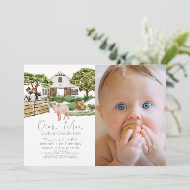 Farm Animals Barnyard W/C Photo 1st Birthday Invitation (Standing Front)