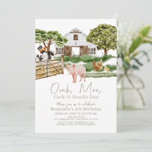 Farm Animals Barnyard Watercolor Kids Birthday Invitation