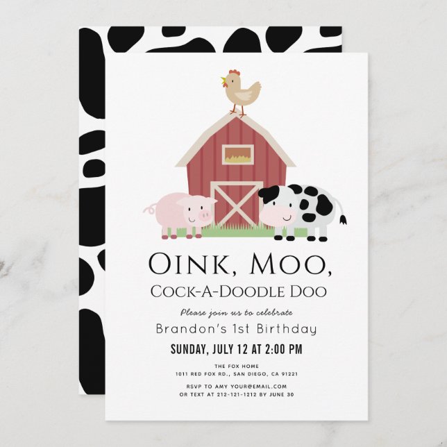 Farm Animals Barnyard White 1st Birthday Invitation (Front/Back)