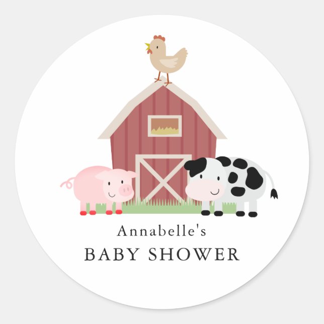 Farm Animals Barnyard White Baby Shower Classic Round Sticker (Front)