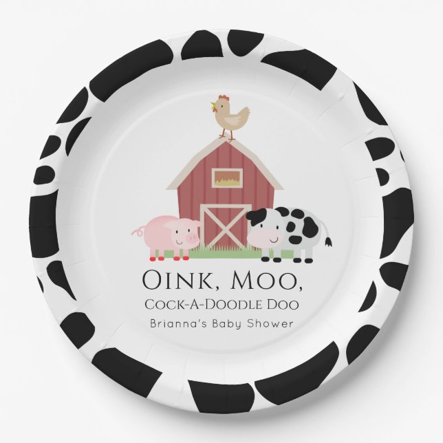 Farm Animals Barnyard White Baby Shower Paper Plate (Front)