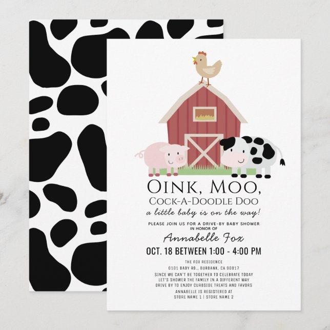 Farm Animals Barnyard White Drive-by Baby Shower Invitation (Front/Back)