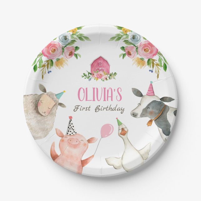 Farm Animals Barnyard Zoo Party Girl Pink Birthday Paper Plate (Front)