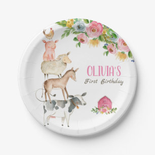 Farm Animals Barnyard Zoo Party Girl Pink Birthday Paper Plate
