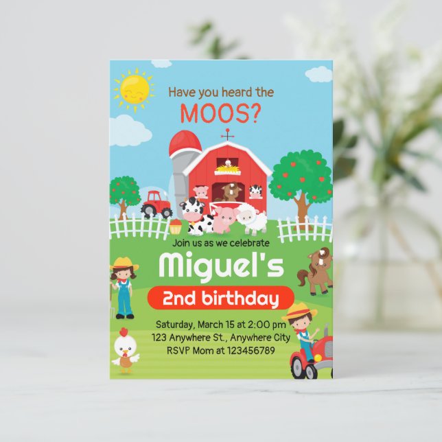 Farm Animals Birthday Invitation, Barnyard Party Invitation (Standing Front)