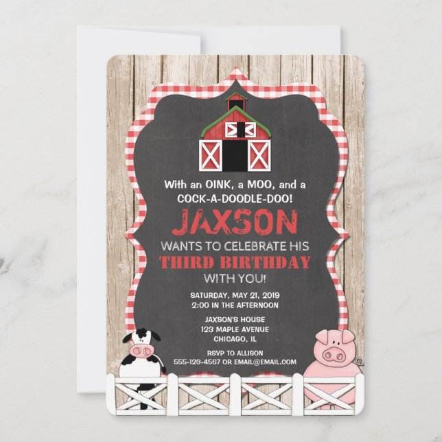Farm animals birthday invitation boy red black (Front)