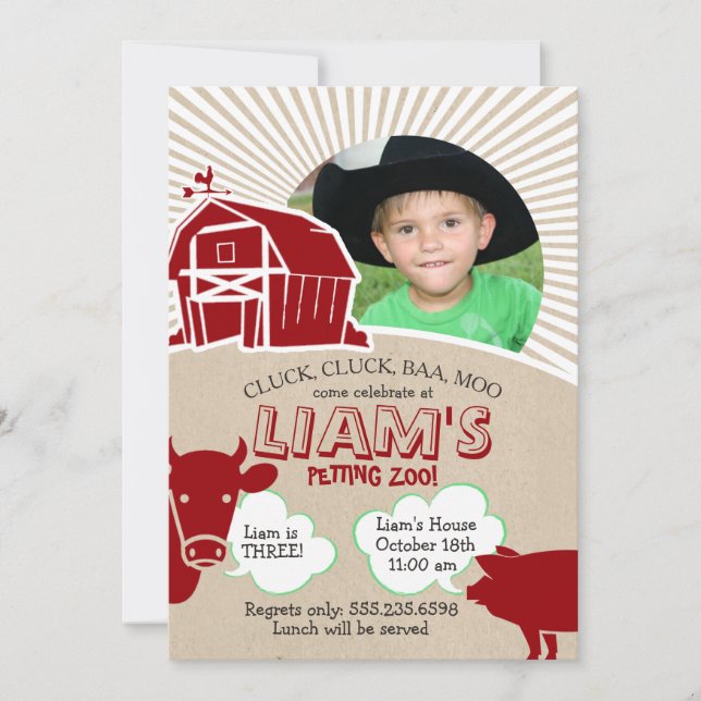 Farm Animals Birthday Invitation, Petting Zoo Invitation (Front)