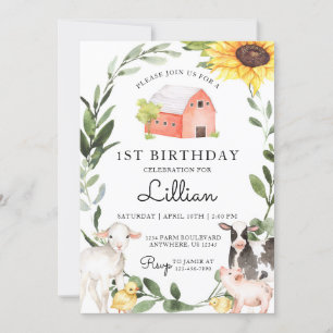 Farm Animals Birthday Invitation with Sunflower