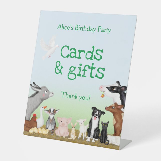 Farm animals birthday party cards & gifts sign (Front)