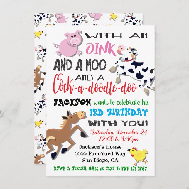 Farm Animals Birthday Party Invitation (Front/Back)